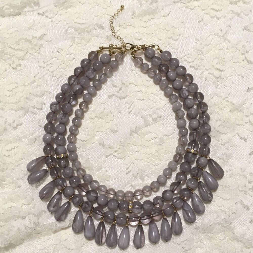 Vintage Chunky Resin Plastic Bead Necklace Gray Taupe Statement Adj 1”"
